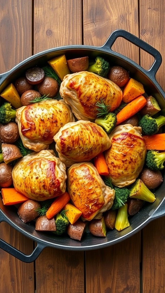One-pan roasted chicken with potatoes, carrots, and broccoli on a wooden table.